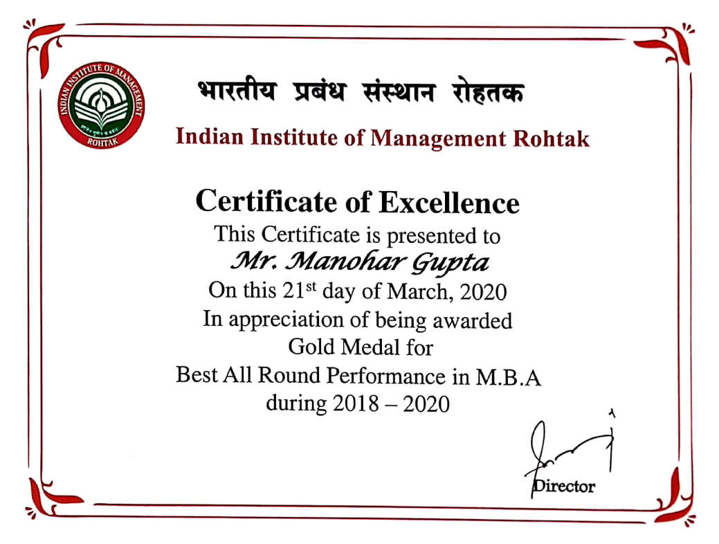 IIM Rohtak Gold Medal Certificate — Best All Round Performance in MBA 2018-2020